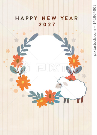 Sheep and flower wreath, 2027 New Year's greeting card photo frame 141964005