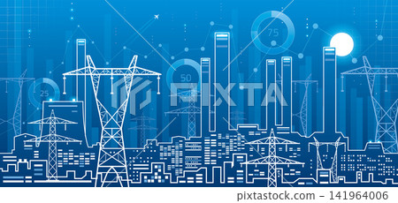 Modern energy infrastructure with power lines, industrial city skyline and data charts on blue background. Concept of smart grid, electricity, analytics and technology. Modern energy infrastructure with power lines, industrial city skyline and data charts on blue background. Concept of smart grid, electricity, analytics and technology. 141964006