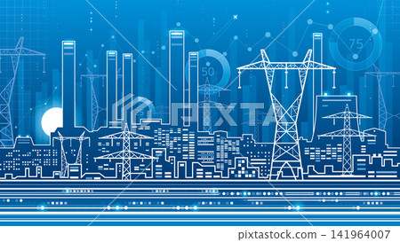 Modern energy infrastructure with power lines, industrial city skyline and data charts on blue background. Concept of smart grid, electricity, analytics and technology. Modern energy infrastructure with power lines, industrial city skyline and data charts on blue background. Concept of smart grid, electricity, analytics and technology. 141964007