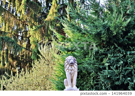 Stone Lion Statue in Lush Garden. Stone Lion Statue in Lush Garden. 141964039