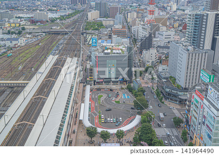 An aerial view of the station square and commercial facilities at the west exit of Koriyama Station [Koriyama Station, Fukushima Prefecture] 141964490