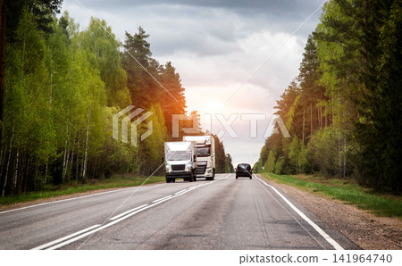 Two white cargo transportation trucks travel on asphalt road surrounded by vibrant green forest under cloudy sky with warm sun flare Two white cargo transportation trucks travel on asphalt road surrounded by vibrant green forest under cloudy sky with warm sun flare 141964740