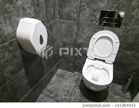 Modern restroom interior white ceramic toilet bowl seat upright position, wall-mounted toilet paper dispenser, dark gray tiled walls floor, contemporary sanitary fittings clean aesthetic 141964933