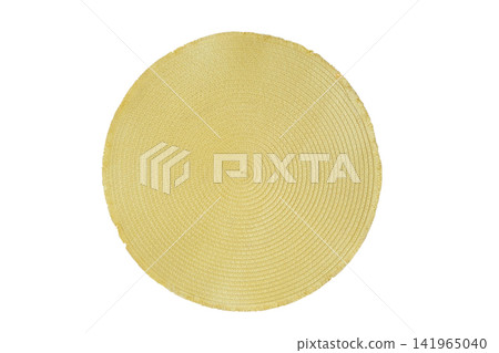 Kitchen plate stand for serving. Woven decorative napkin made of artificial straw isolated on a white background. Round decorative coaster in light green color. Top view. Kitchen plate stand for serving. Woven decorative napkin made of artificial straw isolated on a white background. Round decorative coaster in light green color. Top view. 141965040