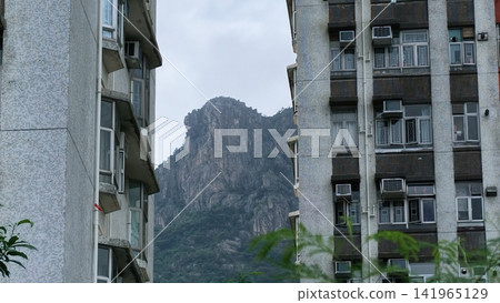 Hong Kong July 19 2026 Lion Rock framed by apartment buildings. Hong Kong July 19 2026 Lion Rock framed by apartment buildings. 141965129