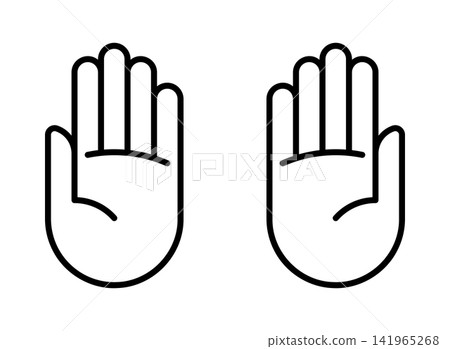 Black line art vector of two raised open hands. Linear icon gesture for support, care, greeting, high five, welcome, and protection isolated on white background. Black line art vector of two raised open hands. Linear icon gesture for support, care, greeting, high five, welcome, and protection isolated on white background. 141965268