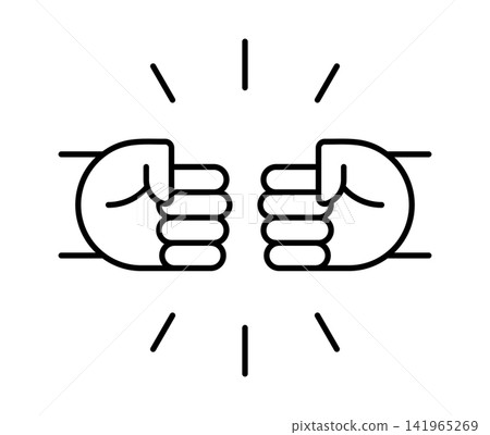 Outline vector illustration of fist bump with hit impact rays. Linear icon for successful deal, high energy, greeting, teamwork, and celebration isolated on white background. Outline vector illustration of fist bump with hit impact rays. Linear icon for successful deal, high energy, greeting, teamwork, and celebration isolated on white background. 141965269