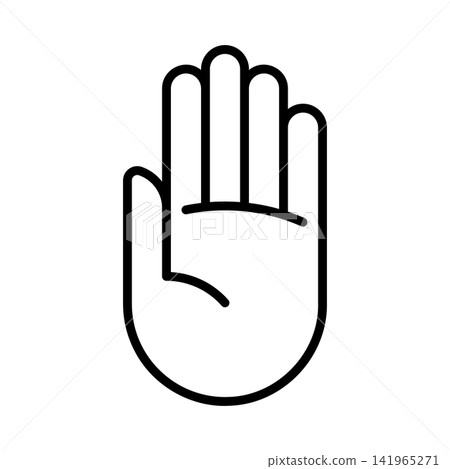Linear vector graphic of an open hand palm gesture. Black outline icon for stop sign, high five, greeting, touch, and human hand symbol isolated on white background. Linear vector graphic of an open hand palm gesture. Black outline icon for stop sign, high five, greeting, touch, and human hand symbol isolated on white background. 141965271