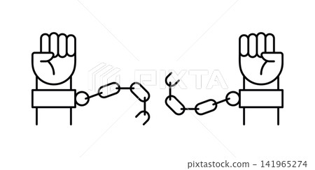 Vector line icon of two fists breaking handcuff chains in the center. Symbol of overcoming oppression, gaining freedom, liberation, and revolution isolated on white background. Vector line icon of two fists breaking handcuff chains in the center. Symbol of overcoming oppression, gaining freedom, liberation, and revolution isolated on white background. 141965274