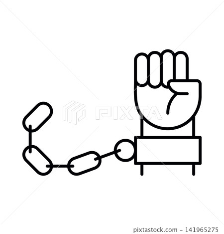 Vector line icon of a single raised fist with a curved handcuff chain. Concept of freedom, protest, human rights, and rebellion isolated on white background. Vector line icon of a single raised fist with a curved handcuff chain. Concept of freedom, protest, human rights, and rebellion isolated on white background. 141965275