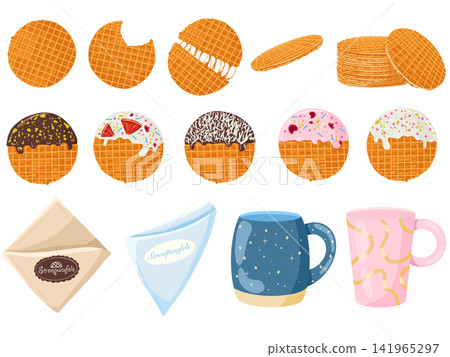 Stroopwafels cookies set. Sweet dutch bakery and pastry desserts with chocolate, vanilla and raspberries topping. Craft package, clay mugs. Vector illustration of waffles with caramel for menu design Stroopwafels cookies set. Sweet dutch bakery and pastry desserts with chocolate, vanilla and raspberries topping. Craft package, clay mugs. Vector illustration of waffles with caramel for menu design 141965297