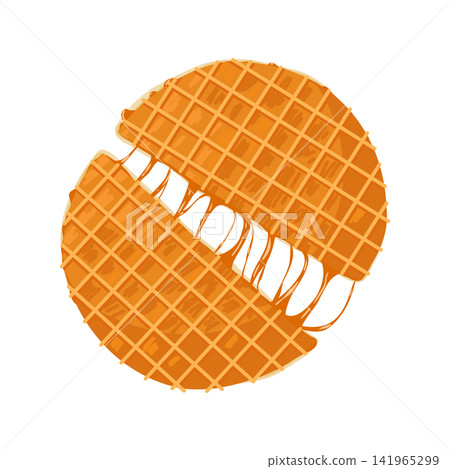 Broken stroopwafel with caramel. Dutch street food. Bakery and pastry dessert with caramel topping. Vector hand drawn illustration of traditional holland waffle for menu designs, prints, stickers Broken stroopwafel with caramel. Dutch street food. Bakery and pastry dessert with caramel topping. Vector hand drawn illustration of traditional holland waffle for menu designs, prints, stickers 141965299