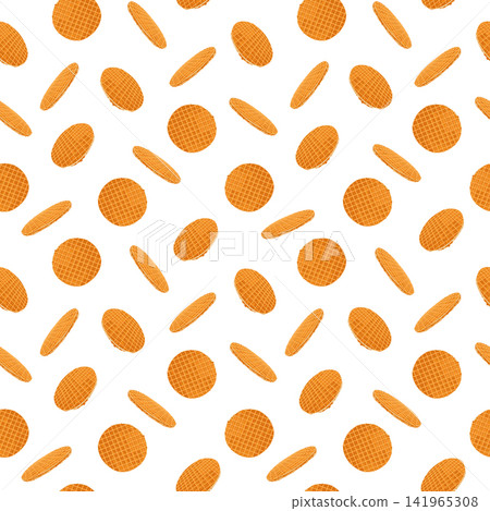 Stroopwafels seamless pattern. Dutch waffels with golden crispy textures and syrupy centers. Vector hand drawn design for packaging, textiles, and culinary-themed designs. 141965308