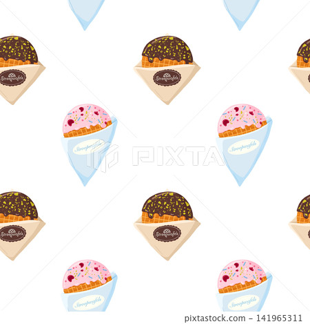 Stroopwafels seamless pattern. Dutch stroopwafels with a glossy glaze, caramel-filled waffles with a decor kraft wrapped. Vector hand drawn design for packaging, textiles, and culinary-themed designs Stroopwafels seamless pattern. Dutch stroopwafels with a glossy glaze, caramel-filled waffles with a decor kraft wrapped. Vector hand drawn design for packaging, textiles, and culinary-themed designs 141965311