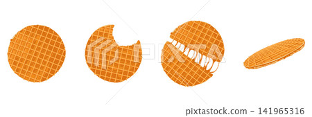 Stroopwafels cookies set. Sweet dutch bakery and pastry desserts with caramel topping. Vector isolated illustrations of broken, hole and bitten holland waffles for menu designs, prints, stickers Stroopwafels cookies set. Sweet dutch bakery and pastry desserts with caramel topping. Vector isolated illustrations of broken, hole and bitten holland waffles for menu designs, prints, stickers 141965316