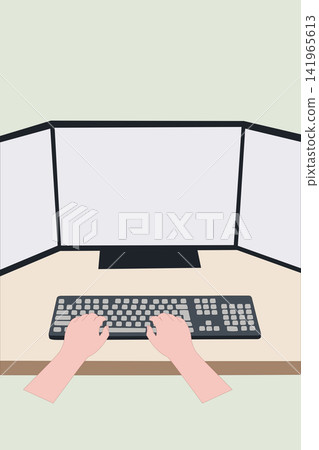 Triple Monitor Workspace with Keyboard and Hands Triple Monitor Workspace with Keyboard and Hands 141965613