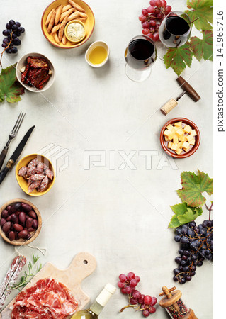Charcuterie and Wine Border with Copy Space on Light Background Charcuterie and Wine Border with Copy Space on Light Background 141965716