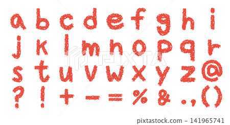 A set of lowercase English letters and symbols drawn with a red crayon: alphabet, punctuation, and arithmetic symbols. A set of lowercase English letters and symbols drawn with a red crayon: alphabet, punctuation, and arithmetic symbols. 141965741