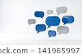 Blue and grey three dimensional speech bubbles floating freely against blank studio background representing digital communication messaging network isolated graphic elements 141965997