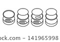 Vector line art showing different states of round snus tin box, open container, lid compartment for used pouches and tobacco bags. 141965998
