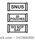 Line art vector set of smokeless tobacco portions with text labels including snus branding, pouch quantity and safety warning sign. 141966000