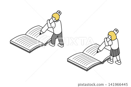 Isometric illustration: High school student set writing in notebook (summer uniform, back view) Isometric illustration: High school student set writing in notebook (summer uniform, back view) 141966445