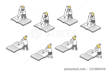 等距插圖:一群高中男生和女生正在筆記本上寫字 等距插圖:一群高中男生和女生正在筆記本上寫字 141966449