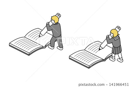 Isometric illustration: Middle school student writing in notebook (winter uniform, back view) Isometric illustration: Middle school student writing in notebook (winter uniform, back view) 141966451
