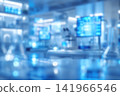 Artistic blurred interpretation of a futuristic high-tech laboratory workspace with glowing monitors and indistinct scientific instruments 141966546