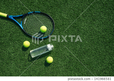 Tennis racket balls and water bottle on green grass court 141966581