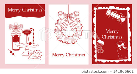 Hand-drawn Merry Christmas greeting cards line art set with wreath, Christmas ornaments, champagne, cocktail, gift and stocking 141966601