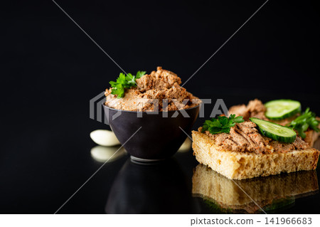 rustic liver pate composition with bread and herbs rustic liver pate composition with bread and herbs 141966683