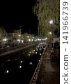 Canals flowing through Yanagawa at night, lined with willow trees, and streetlights reflected on the water's surface. 141966739