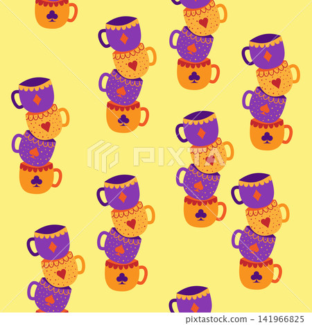 Tea time. Sets of cups with card suits seamless pattern. Alice in Wonderland Fairy Tale. Tea time. Sets of cups with card suits seamless pattern. Alice in Wonderland Fairy Tale. 141966825