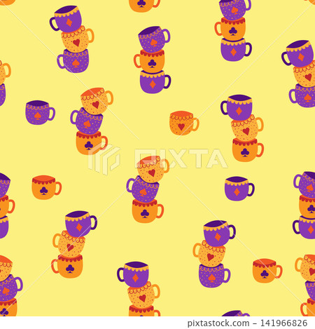 Tea time. Sets of cups with card suits seamless pattern. Alice in Wonderland Fairy Tale. Tea time. Sets of cups with card suits seamless pattern. Alice in Wonderland Fairy Tale. 141966826