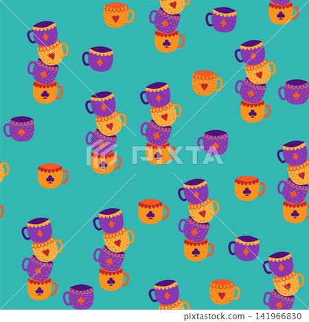 Tea time. Sets of cups with card suits seamless pattern. Alice in Wonderland Fairy Tale. Tea time. Sets of cups with card suits seamless pattern. Alice in Wonderland Fairy Tale. 141966830