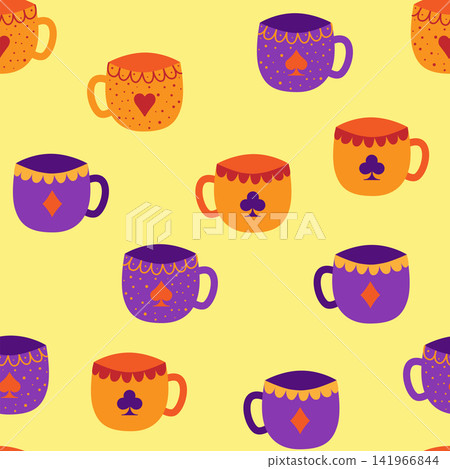 Tea time. Sets of cups with card suits seamless pattern. Alice in Wonderland Fairy Tale. 141966844
