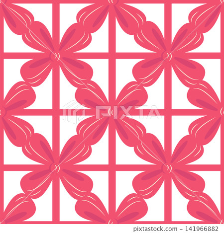Red bow on gift wrapping, seamless pattern. Argyle cute diamond pattern with bows Red bow on gift wrapping, seamless pattern. Argyle cute diamond pattern with bows 141966882