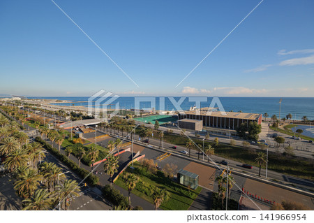 Sunny coastal cityscape with palm lined road, low rooftops, calm ocean waves, sandy shore, and clear blue sky creating relaxed tropical seaside scenery, with coast, ocean, sky, palm detail Sunny coastal cityscape with palm lined road, low rooftops, calm ocean waves, sandy shore, and clear blue sky creating relaxed tropical seaside scenery, with coast, ocean, sky, palm detail 141966954