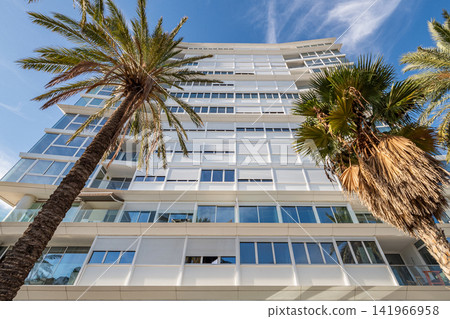 Contemporary apartment building with reflective glass balconies, white facade, tall palm trees, and clear blue sky creating bright urban residential appeal, with apartment, building, modern Contemporary apartment building with reflective glass balconies, white facade, tall palm trees, and clear blue sky creating bright urban residential appeal, with apartment, building, modern 141966958