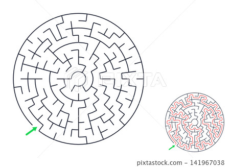 Circular Labyrinth with solution, maze for kids and adults, educational puzzle, isolated on white background Circular Labyrinth with solution, maze for kids and adults, educational puzzle, isolated on white background 141967038