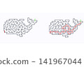 A whale maze puzzle with a solution, isolated on a white background. A fun printable puzzle for kids and adults. It's an educational activity, logic game, and worksheet 141967044