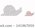 Snail shaped maze puzzle with solution path, printable educational labyrinth game for kids and adults, brain training activity isolated on white background 141967050