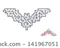 Bat shaped maze puzzle with solution path, printable educational labyrinth game for kids and adults, brain training activity isolated on white background 141967051