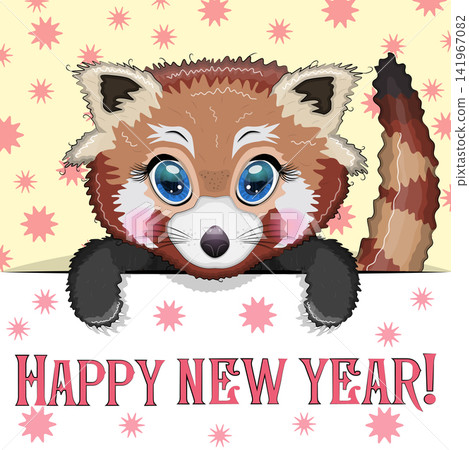 New Year s card with cute animal and inscription. Cartoon style, big eyes panda New Year s card with cute animal and inscription. Cartoon style, big eyes panda 141967082