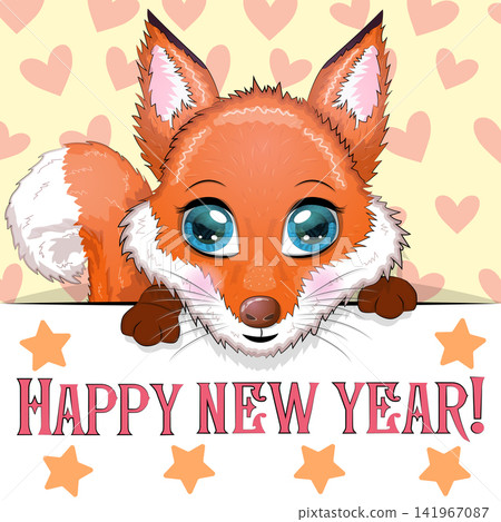 New Year s card with cute animal and inscription. Cartoon style, big eyes fox 141967087