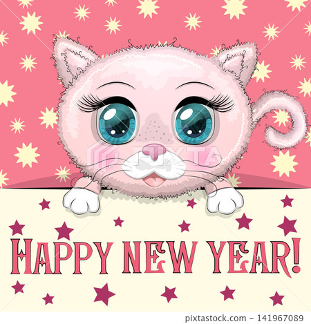 New Year s card with cute animal and inscription. Cartoon style, big eyes cute cat 141967089