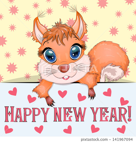 New Year s card with cute animal and inscription. Cartoon style, big eyes squirrel New Year s card with cute animal and inscription. Cartoon style, big eyes squirrel 141967094