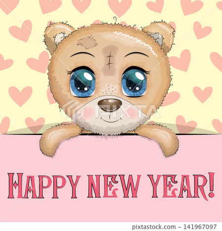 New Year s card with cute animal and inscription. Cartoon style, big eyes bear 141967097