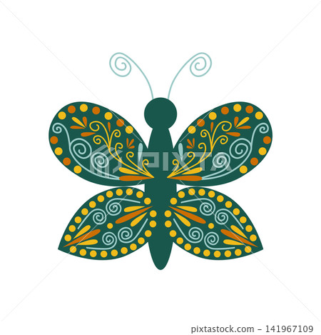 A set of butterfly floral design elements. Folk-style elements with geometric shapes and delicate symmetrical wings A set of butterfly floral design elements. Folk-style elements with geometric shapes and delicate symmetrical wings 141967109
